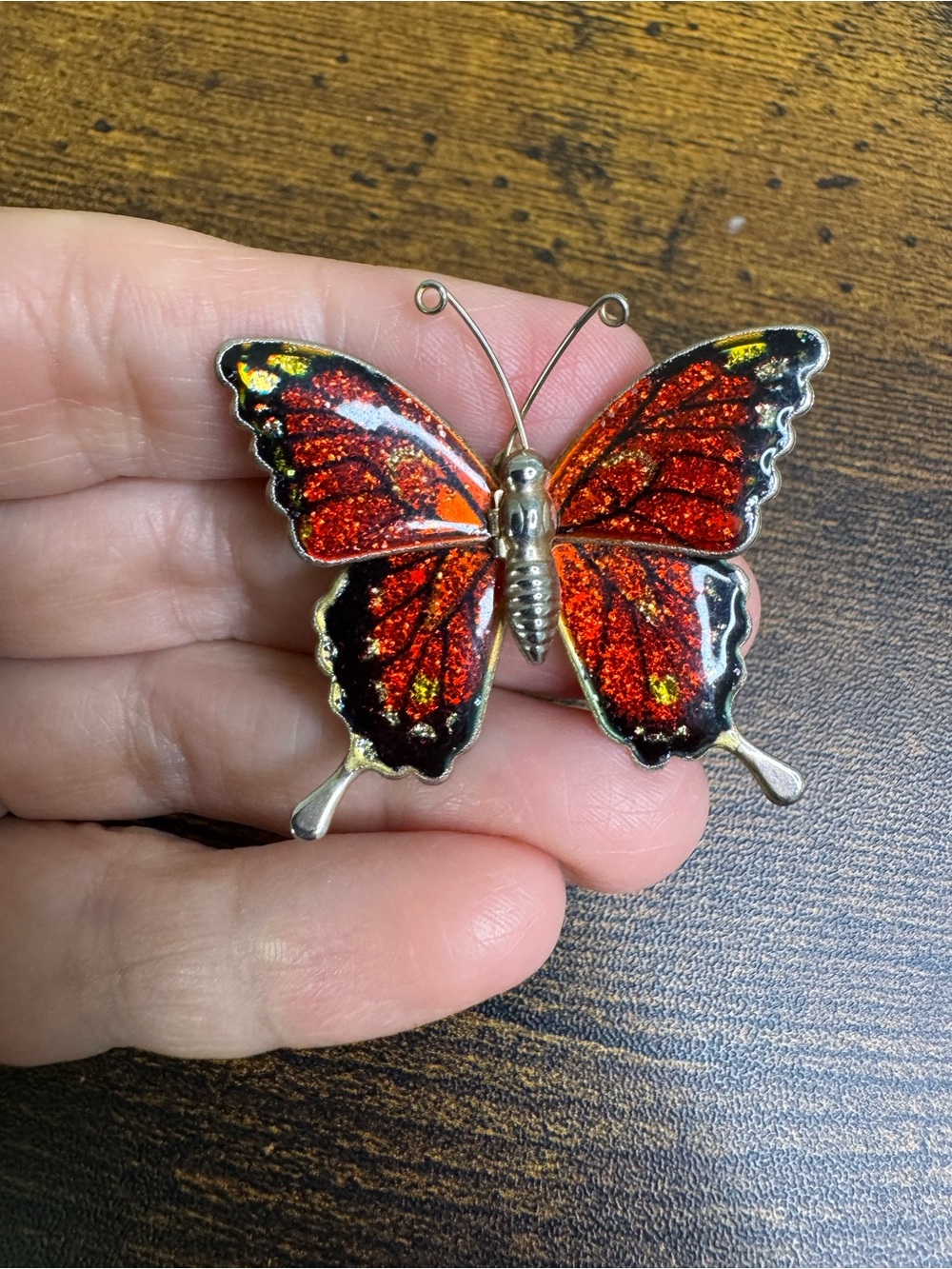 Vintage Red and Black Glitter Metal Butterfly Brooch Pin